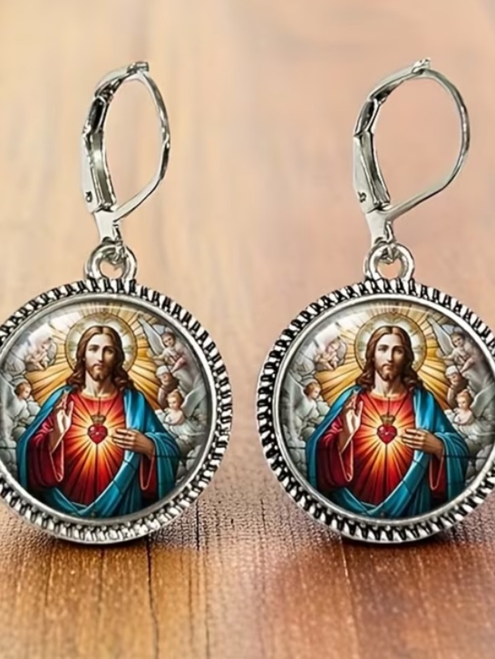 Boutique 9 Silver-Tone Sacred Heart Jesus Dangle Earrings with Red & Blue Enamel